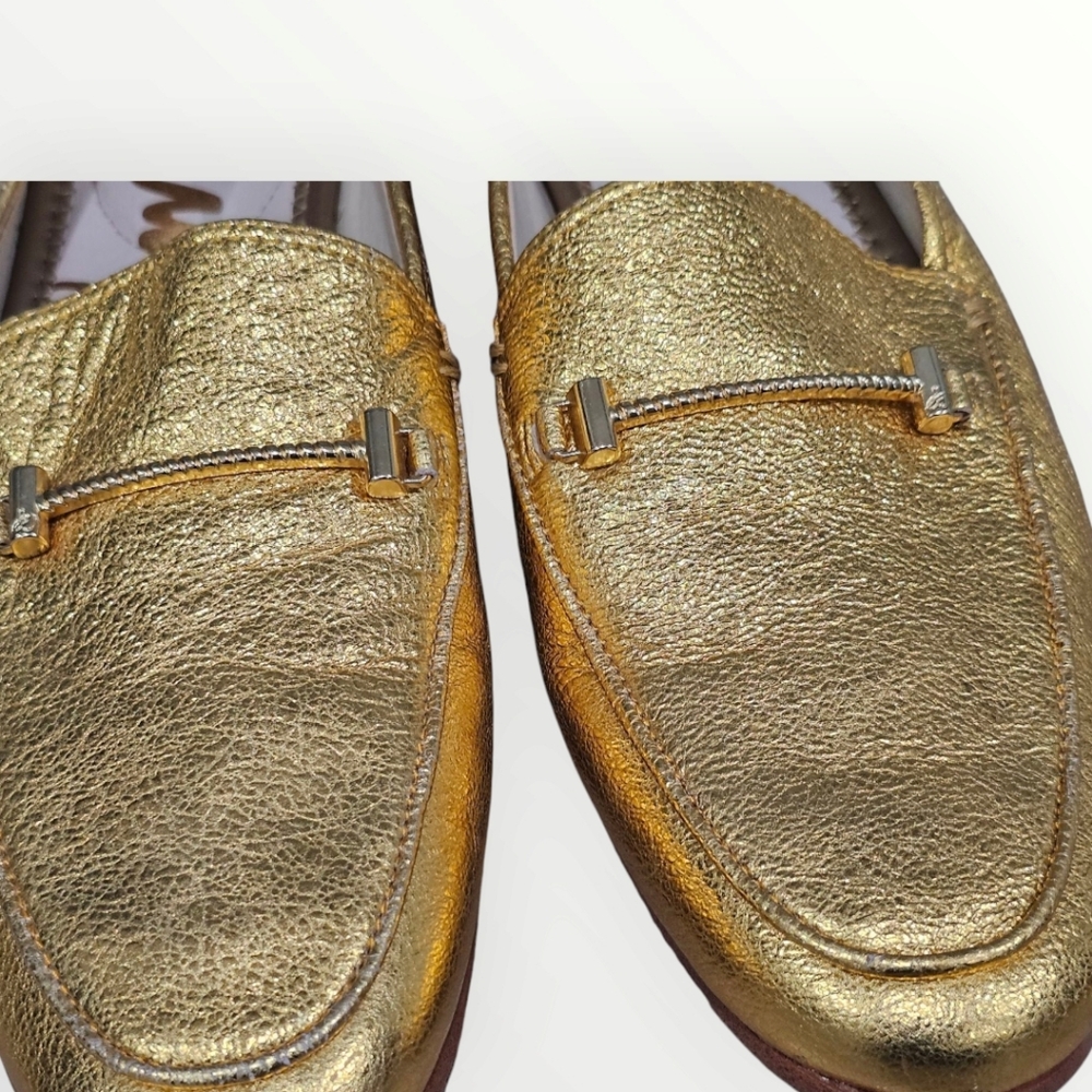 SAM EDELMAN Lior Metallic Gold Leather Horsebit Flat Loafers 8M - Picture 5 of 8